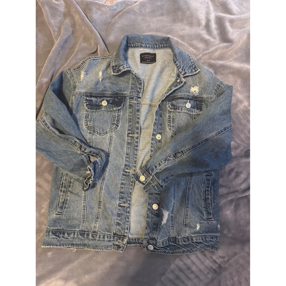 Streetwear Society Distressed Denim Jacket Light Wash Blue Trucker XS